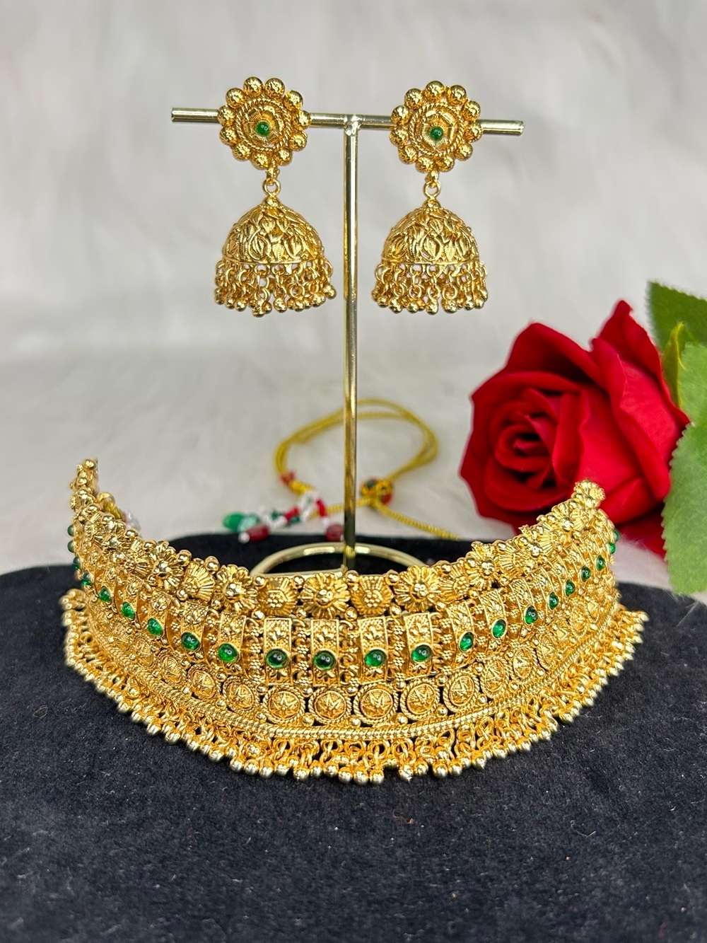 Gold-Tone Green Stone Choker Necklace with Jhumka Earrings